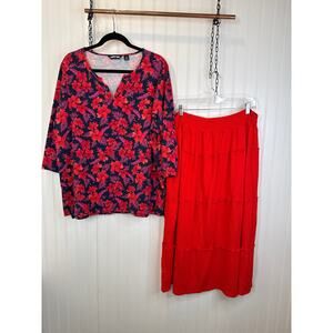Lands’ End Tropical Hawaiian Floral Blouse & Scoop Red Skirt Bundle Size 1X